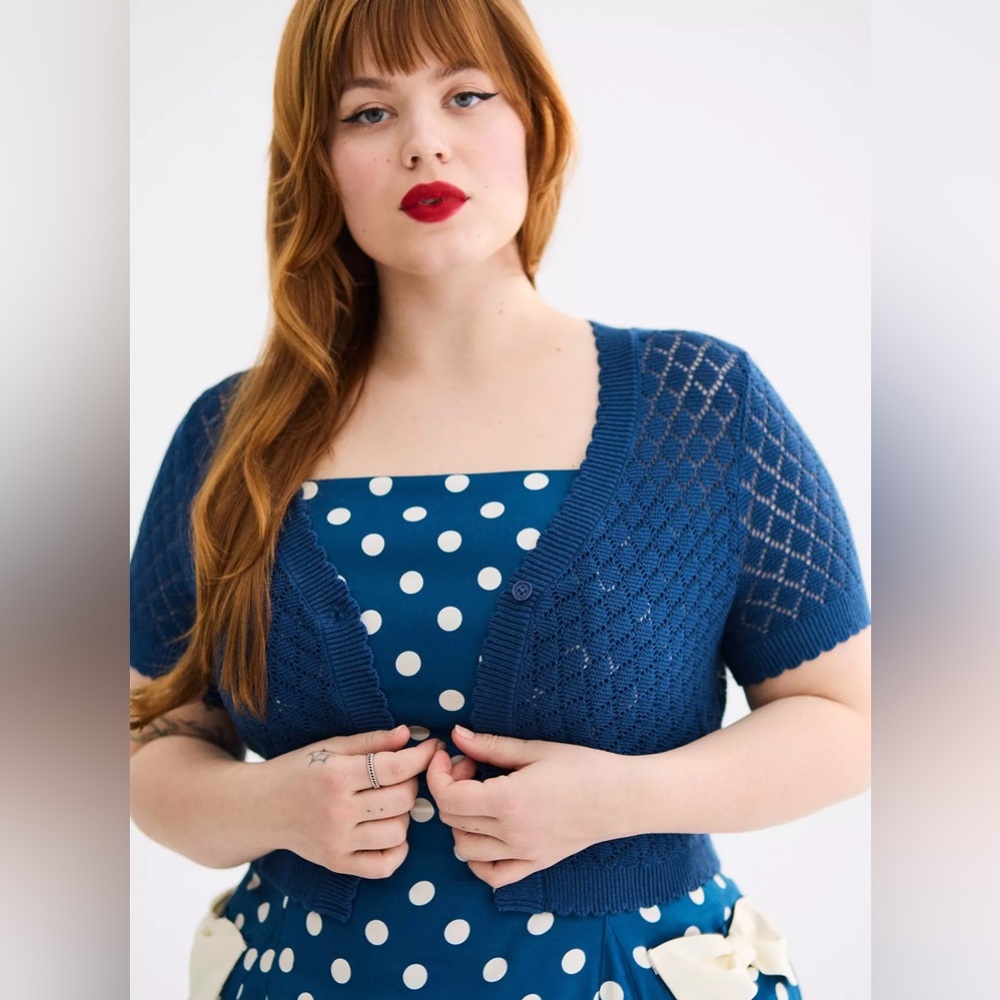 Torrid Retro Chic Blue Cropped Scalloped Edge Vintage Cardigan